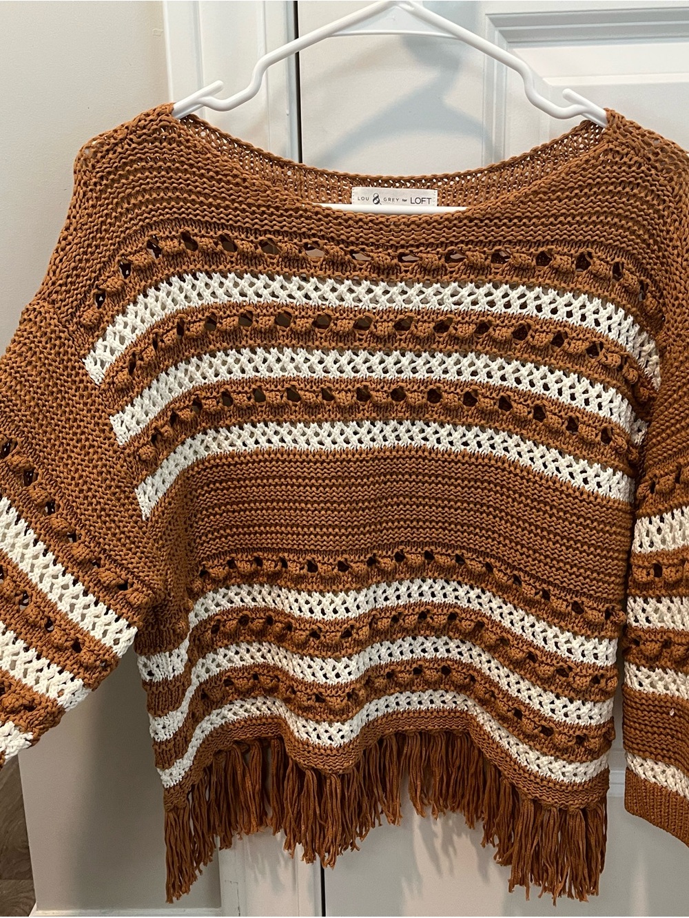 LOFT Rust and Cream Striped Fringe Knit Sweater